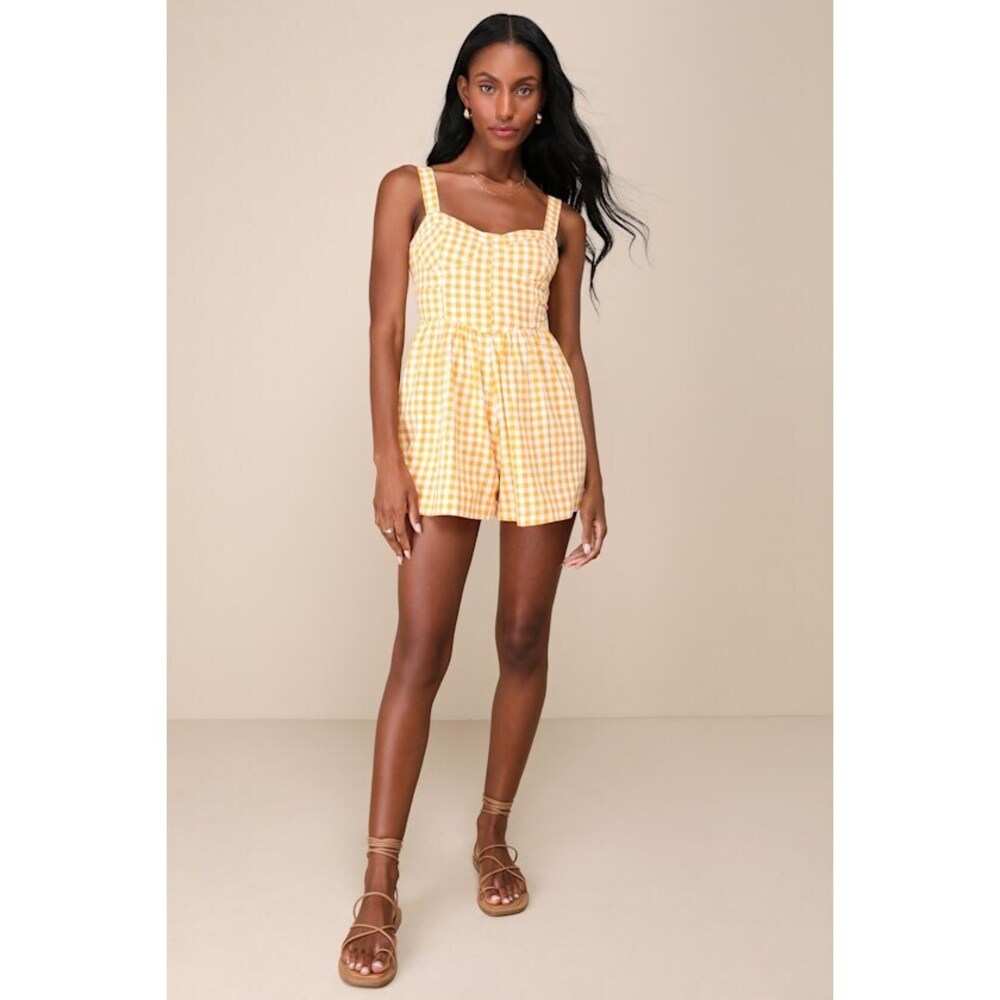 Lulus Precious Trend Yellow And White Gingham Bustier Romper - Size S